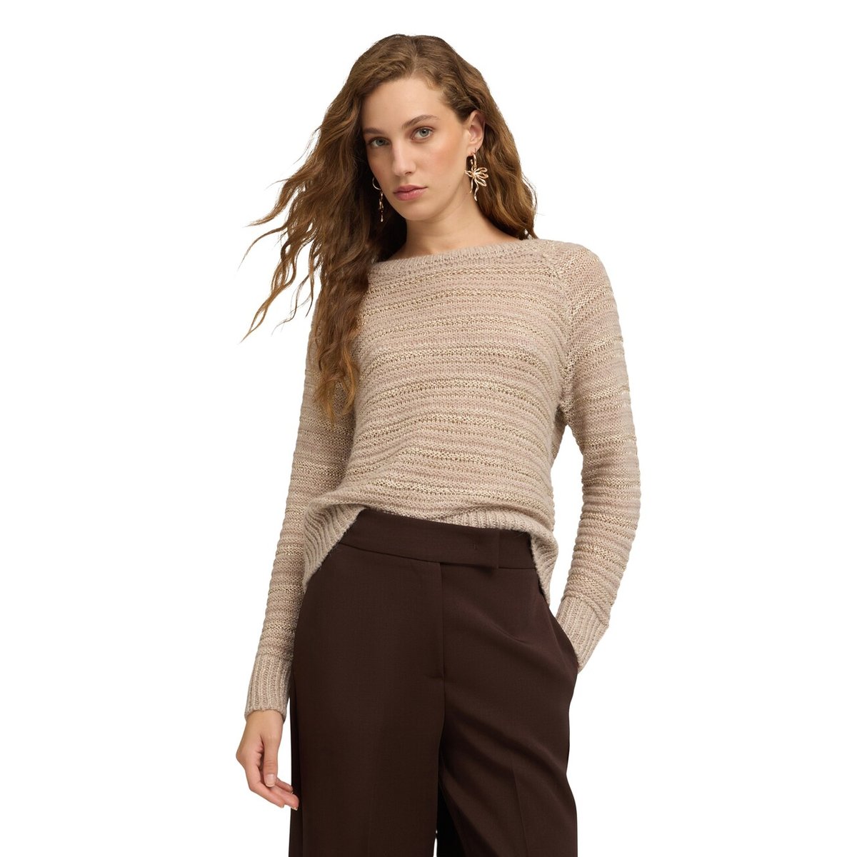 Pull rayé en maille ajourée beige, MOTIVI