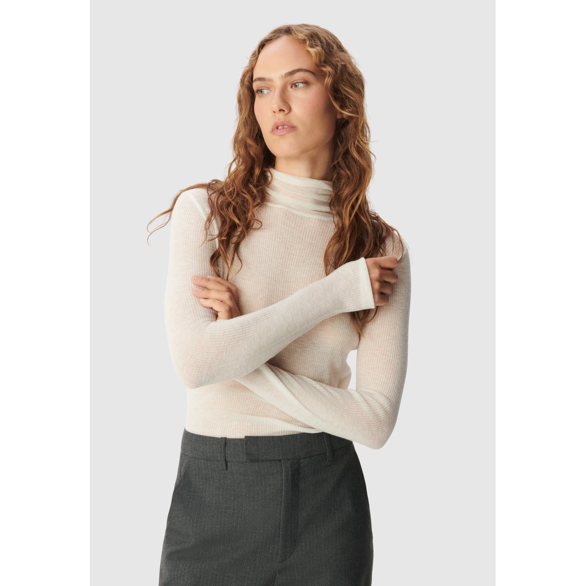 Pull tricot fin côtelé 100% laine ecru, IKKS