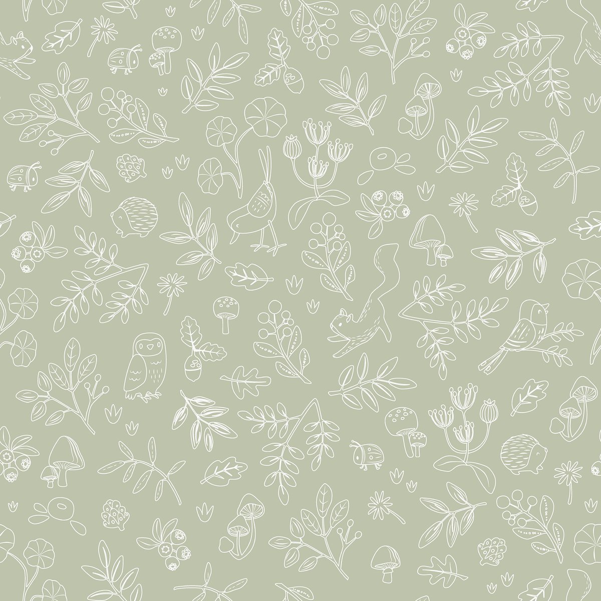 Papier peint pour enfant Petits animaux de la forêt vert sauge, blanc cassé, LITTLE DUTCH