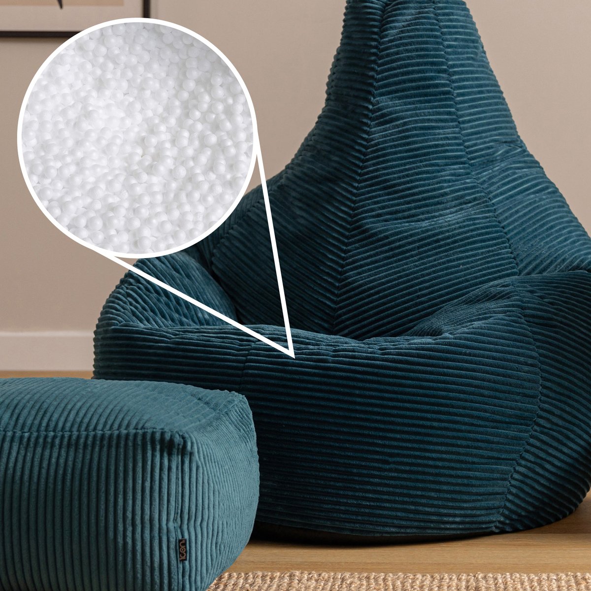 Pouf géant à dossier haut large XL avec repose-pied carré en velours côtelé Oeko-Tex® - DALTON bleu canard, ICON