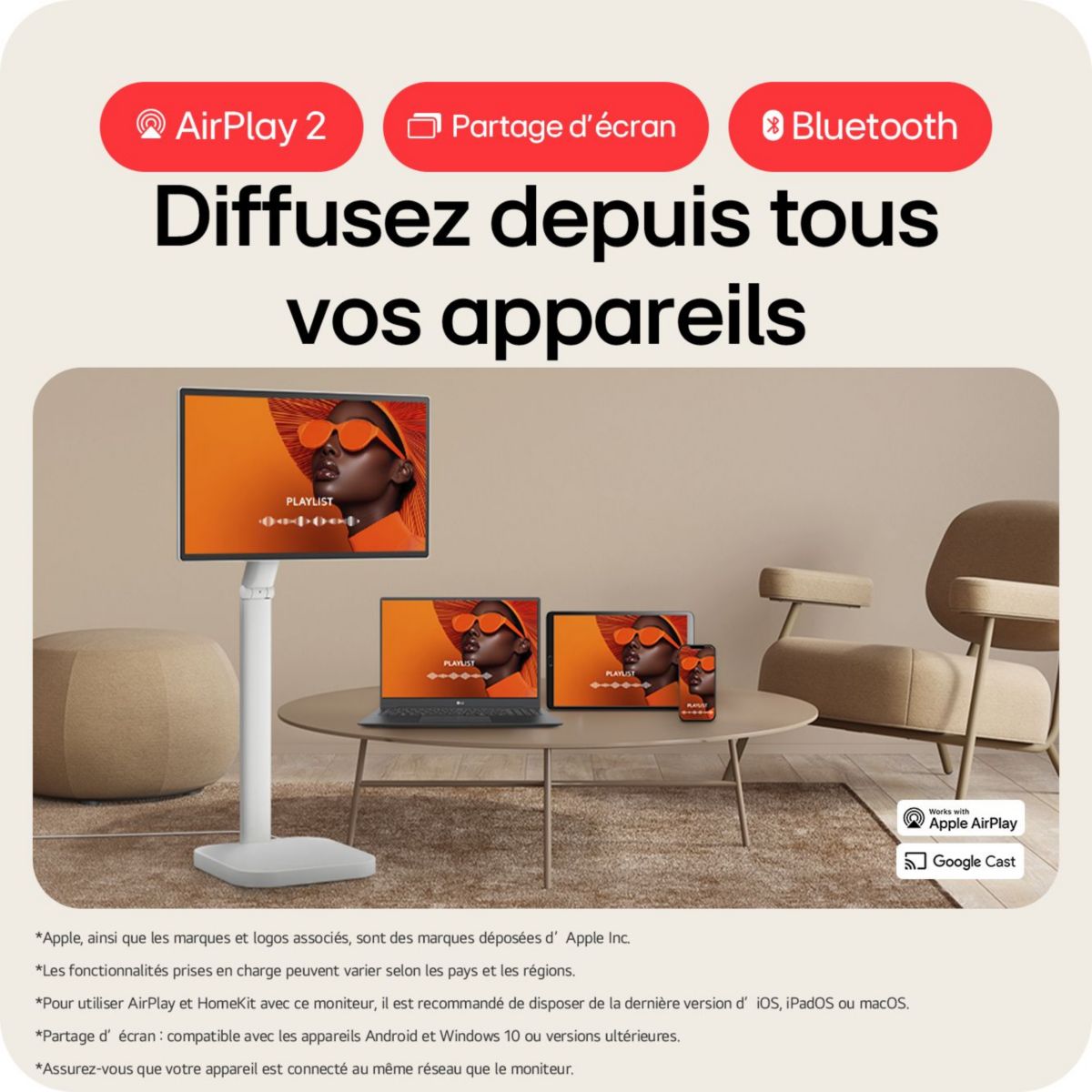 Ecran PC 4K 32U889SA-W.AE Smart Monitor 32'' IPS Tactile 4K HDR DCI P3 Pied réglable et orientable couleur unique, LG