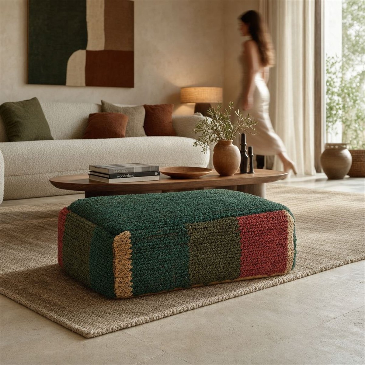 Pouf rectangulaire tissé fait main multicolore, RECOLLECTION
