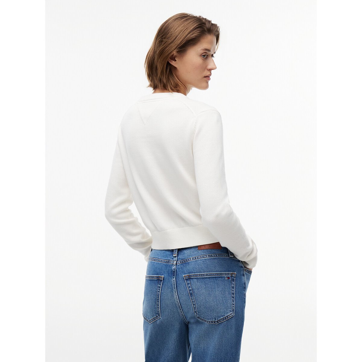 Pull col rond logo ecru, TOMMY JEANS