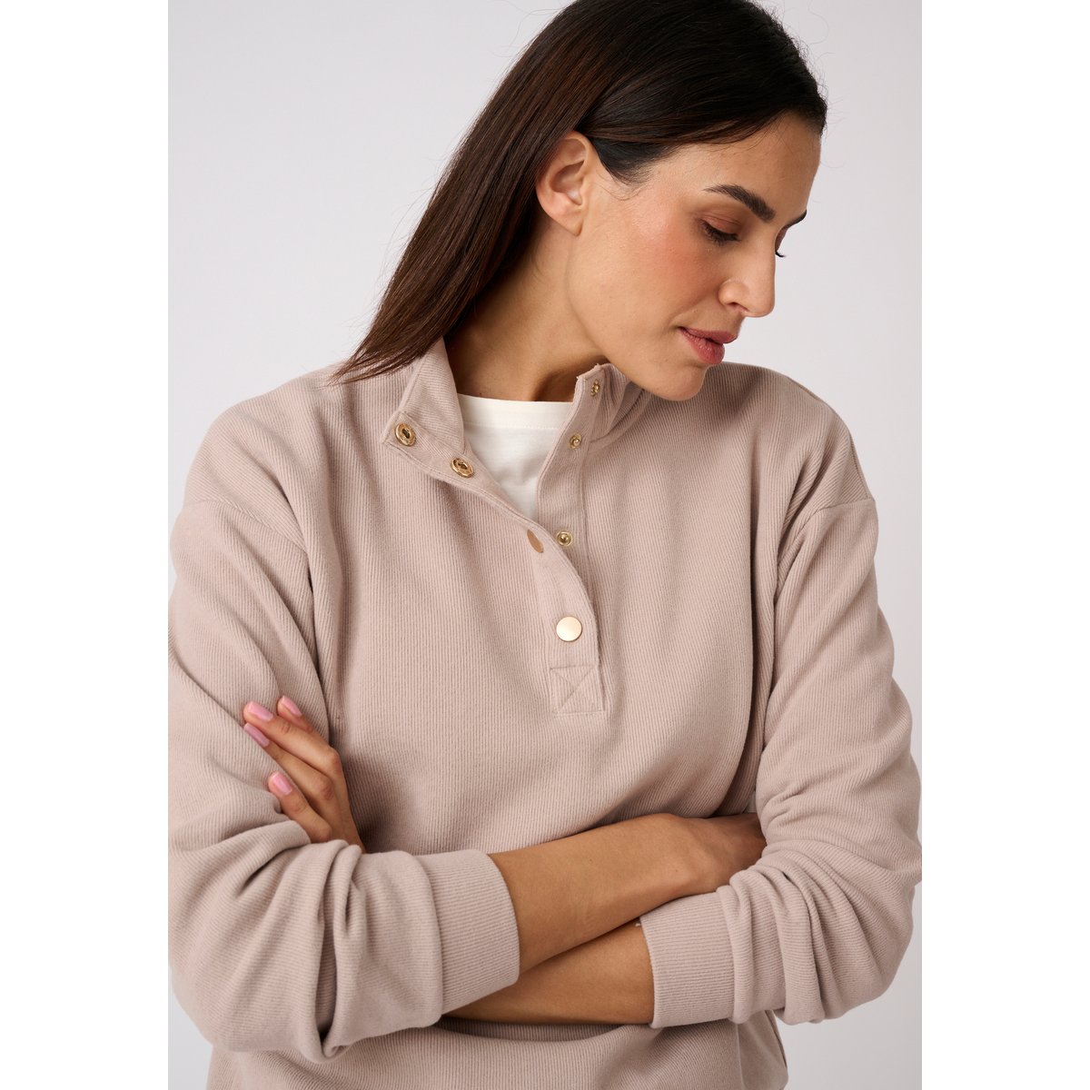 Sweat-shirt col montant pressionné côtes 1x1 gris taupe, DAMART