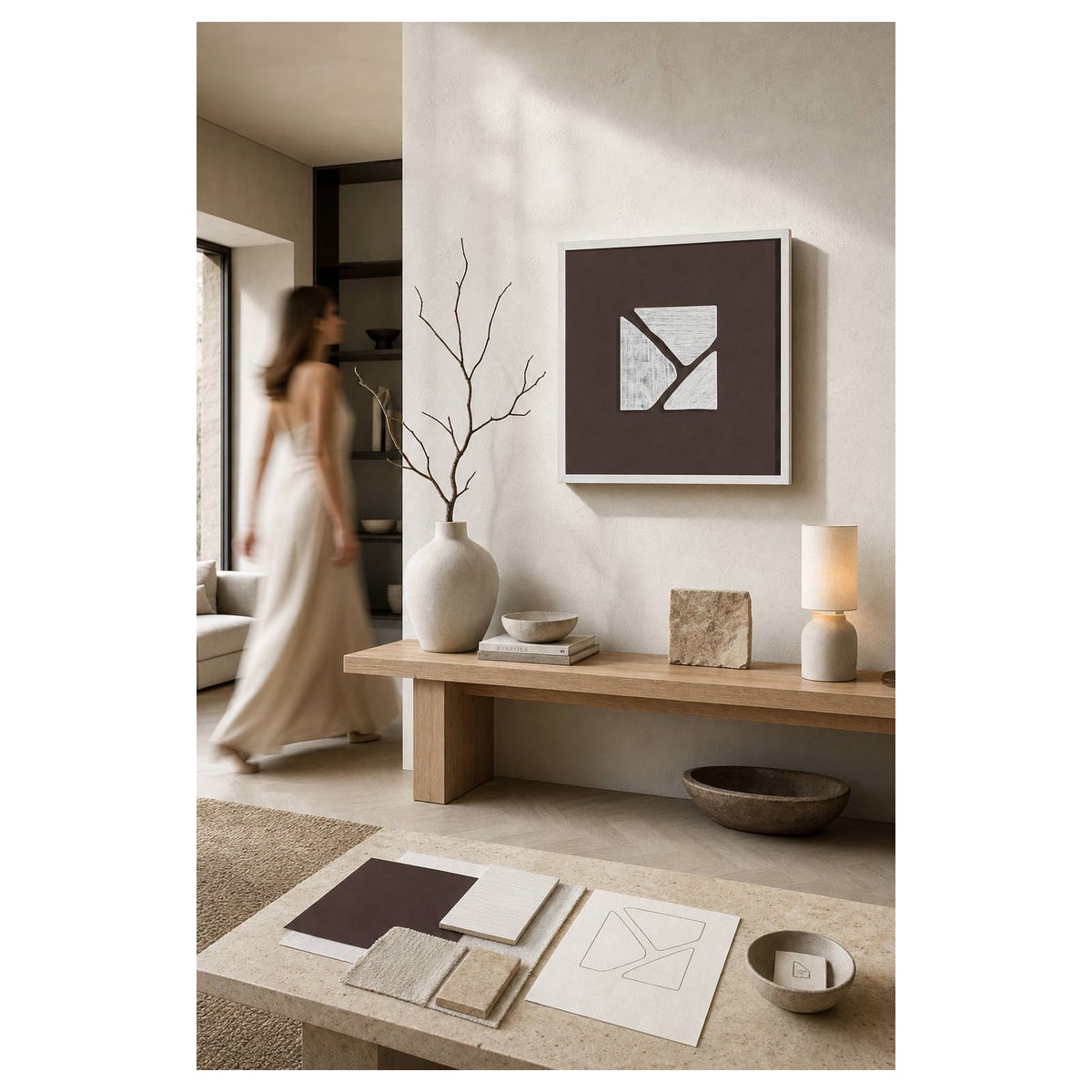 Tableau abstrait en bois et verre blanc et brun, RECOLLECTION