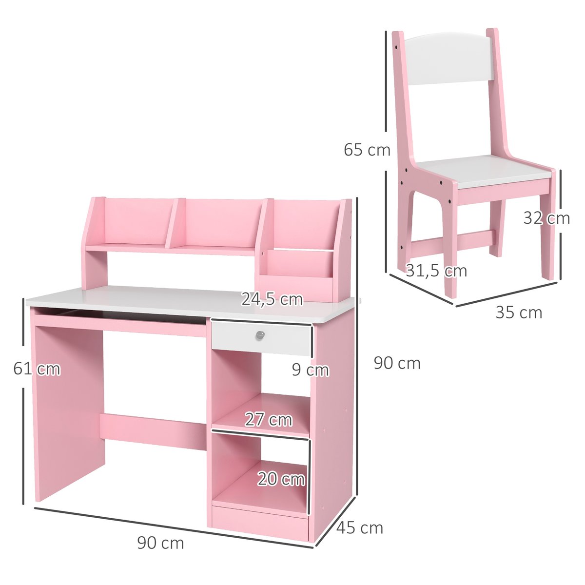 Bureau d'étude pour enfants avec chaise MDF rose et blanc, ZONEKIZ