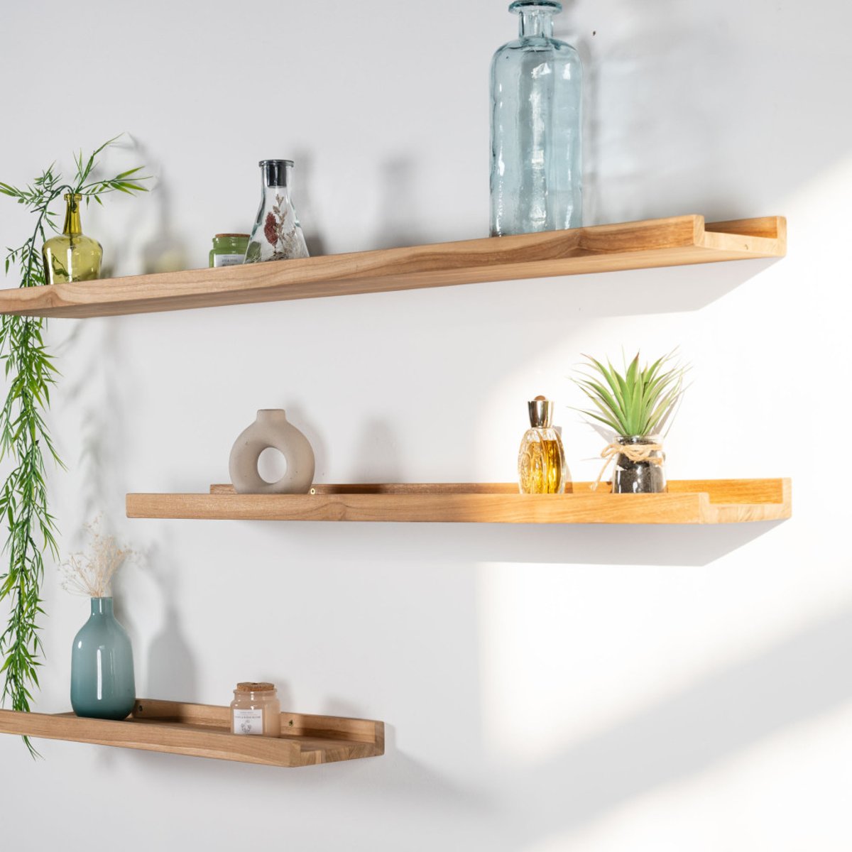 Tablette étagère Helvine salle de bain en teck massif 90cm naturel, WANDA COLLECTION