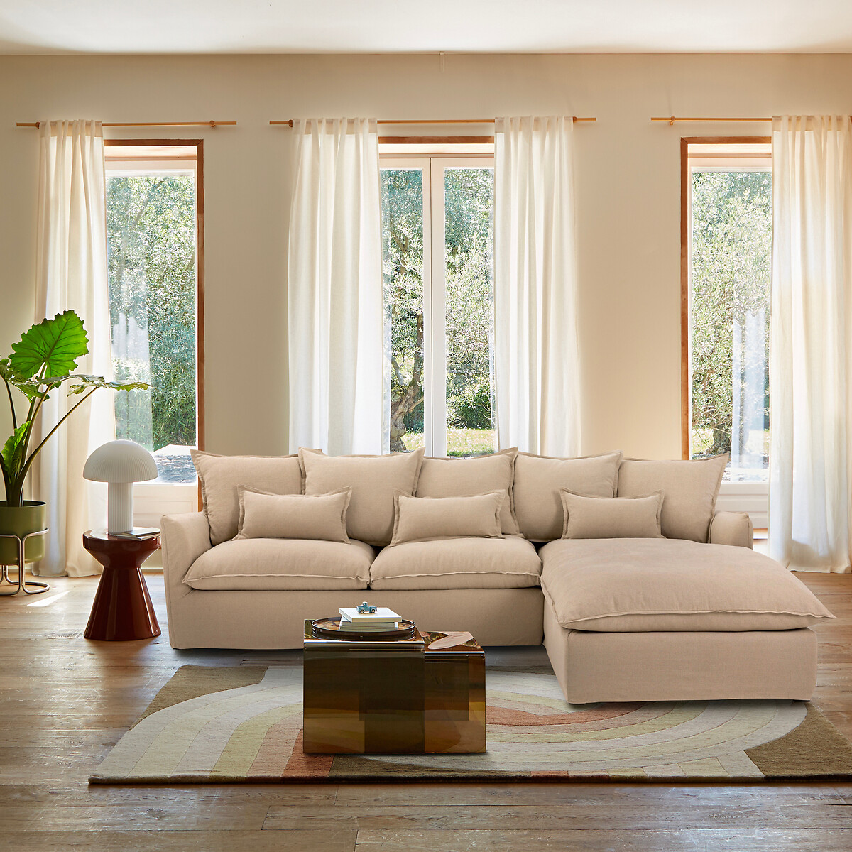 Sofá cama rinconero de 4 plazas, Comfort Bultex®, desenfundable, lino, ODNA natural, LA REDOUTE INTERIEURS