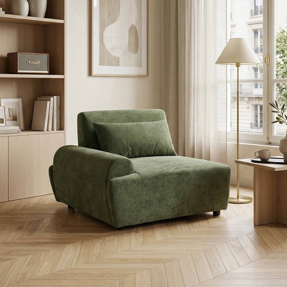 Fauteuil droit pour canapé modulable en tissu avec coussin dossier ajustable, CALLISTO vert, OVIALA