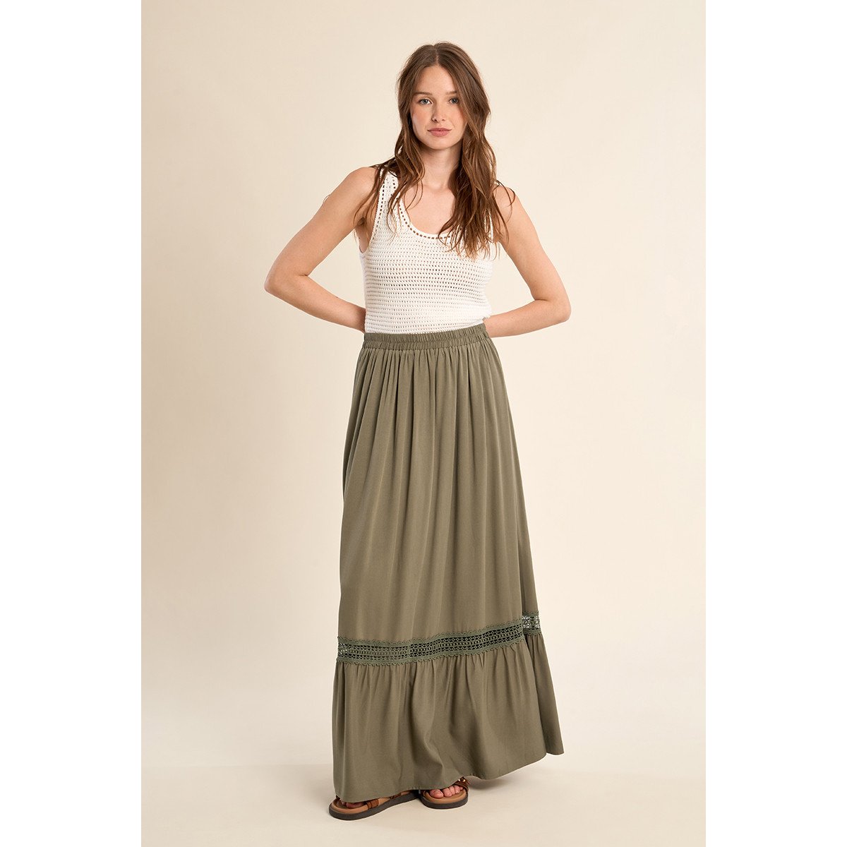Longue jupe ajourée khaki, MOLLY BRACKEN