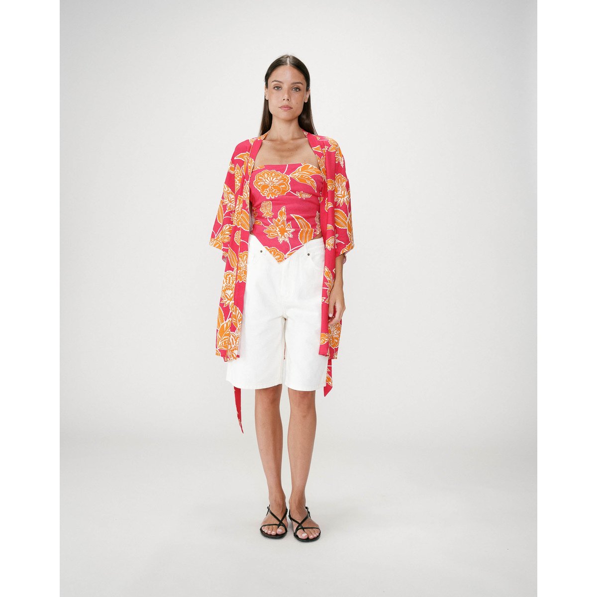 Kimono imprimé floral manches courtes fuchsia Wahana fuchsia, GRACE AND MILA