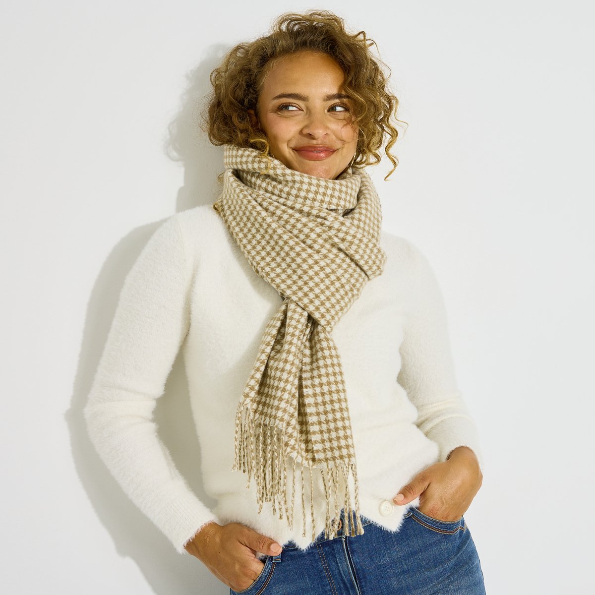 Echarpe motif pied-de-poule beige, GRAIN DE MALICE