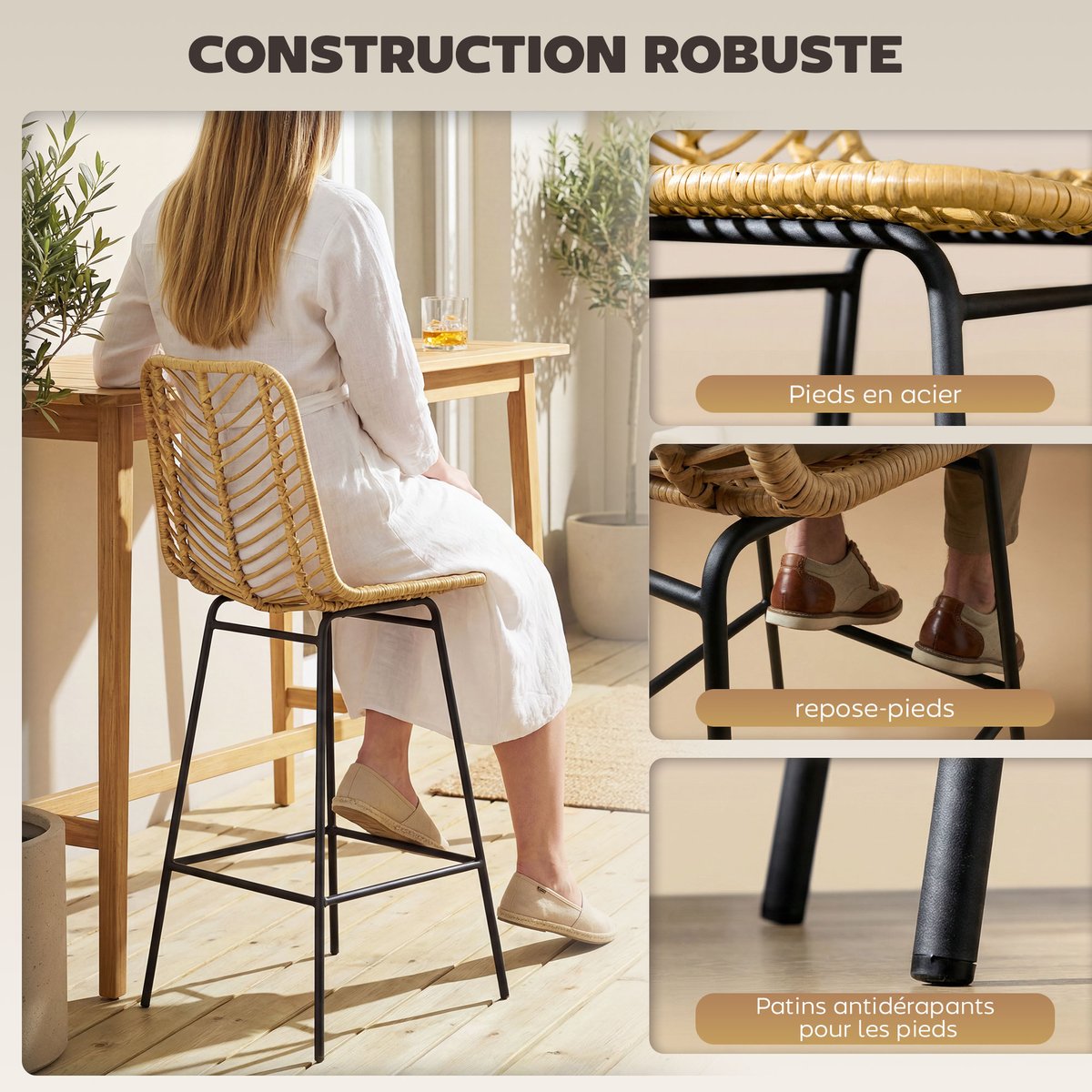 Tabouret de bar Résine tressée rotin PE Jaune jaune, noir, HOMCOM