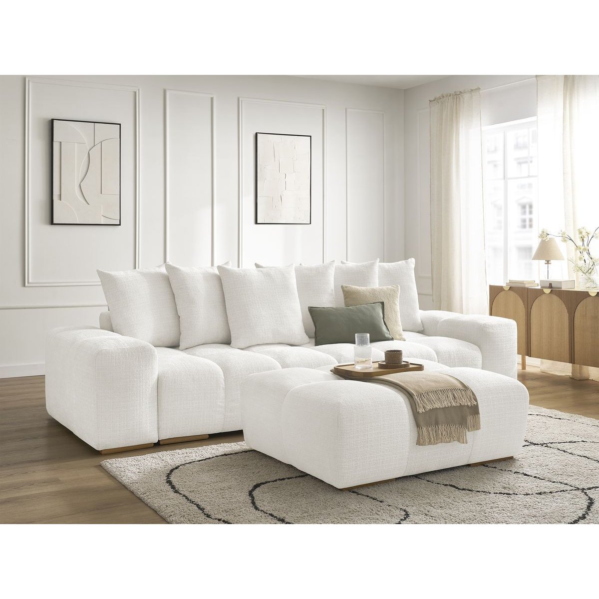 Canapé droit fixe 3 places en tissu texturé avec pouf, ANAKIN blanc, BOBOCHIC