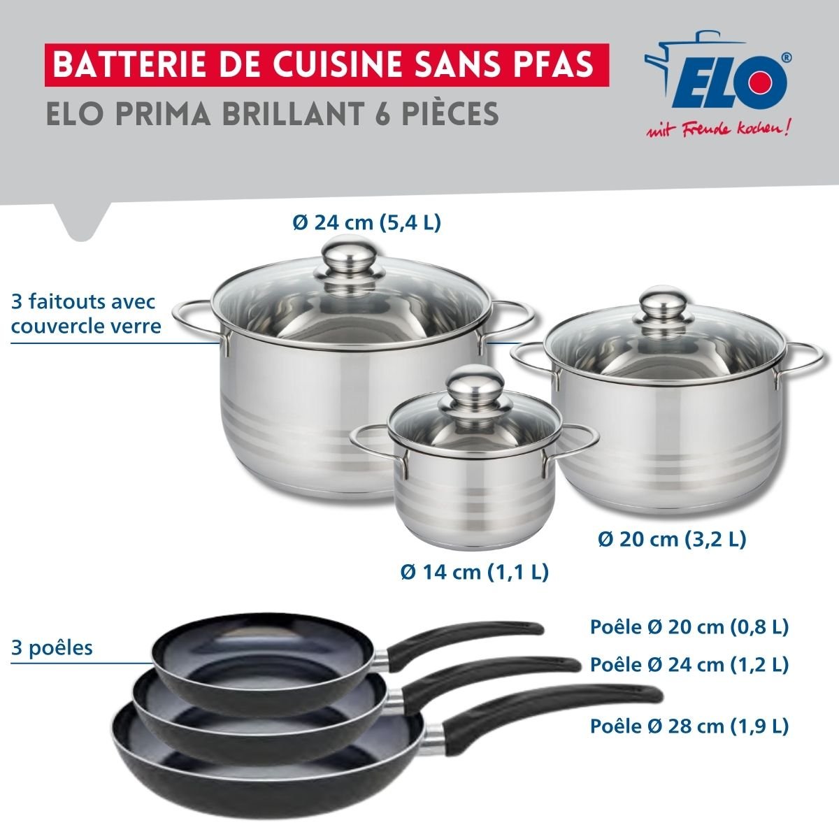3 poêles 20/24/28cm + 3 faitouts 14/20/24cm PRIMA BRILLANT noir, ELO