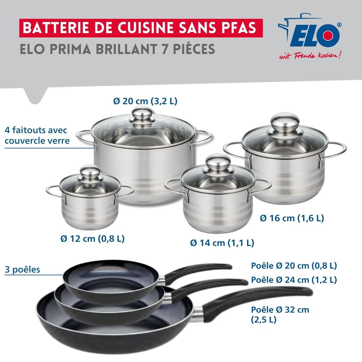 3 poêles 20/24/32cm + 4 faitouts 12/14/16/20cm PRIMA BRILLANT noir, ELO