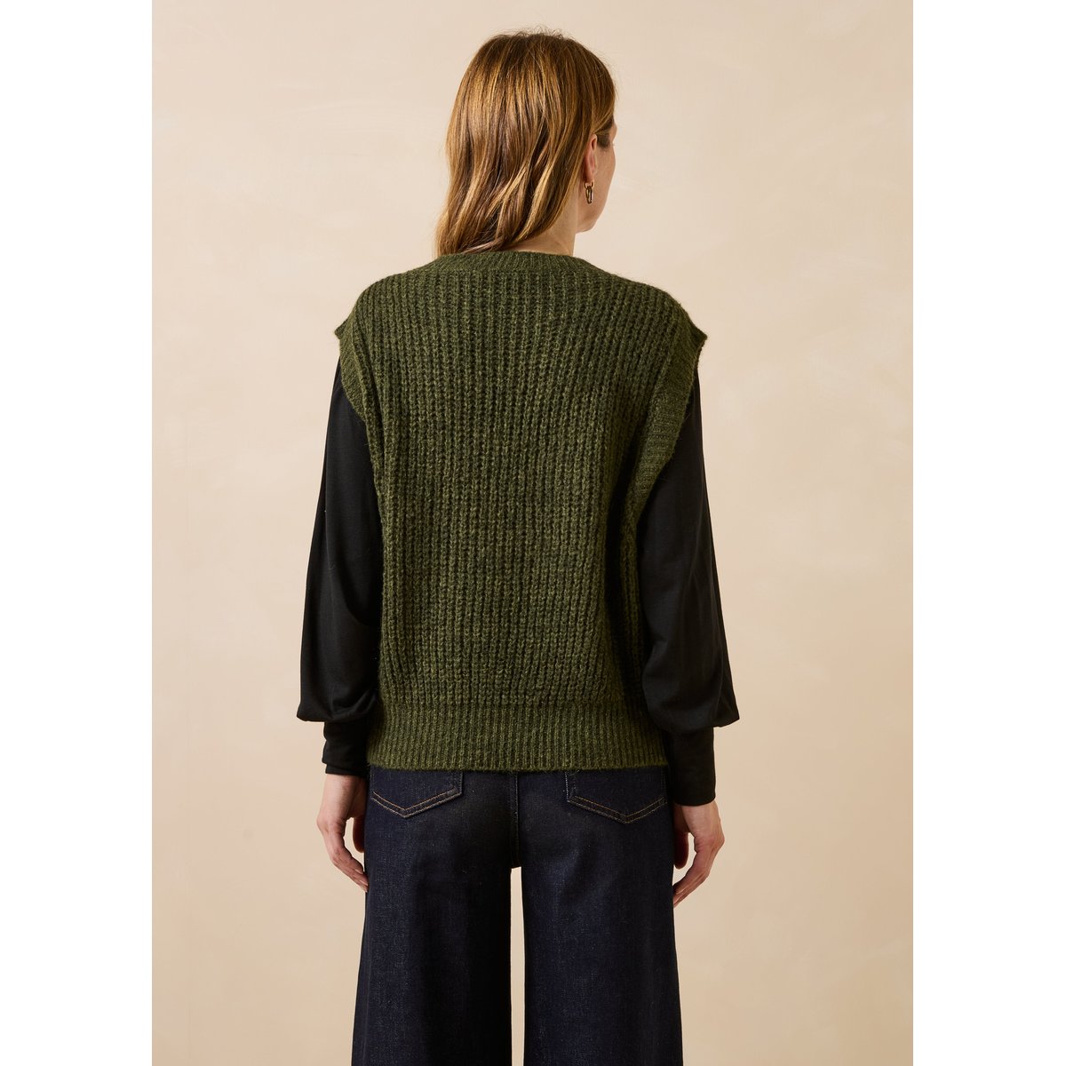 Pull sans manches en côtes perlées col rond kaki, LA FEE MARABOUTEE