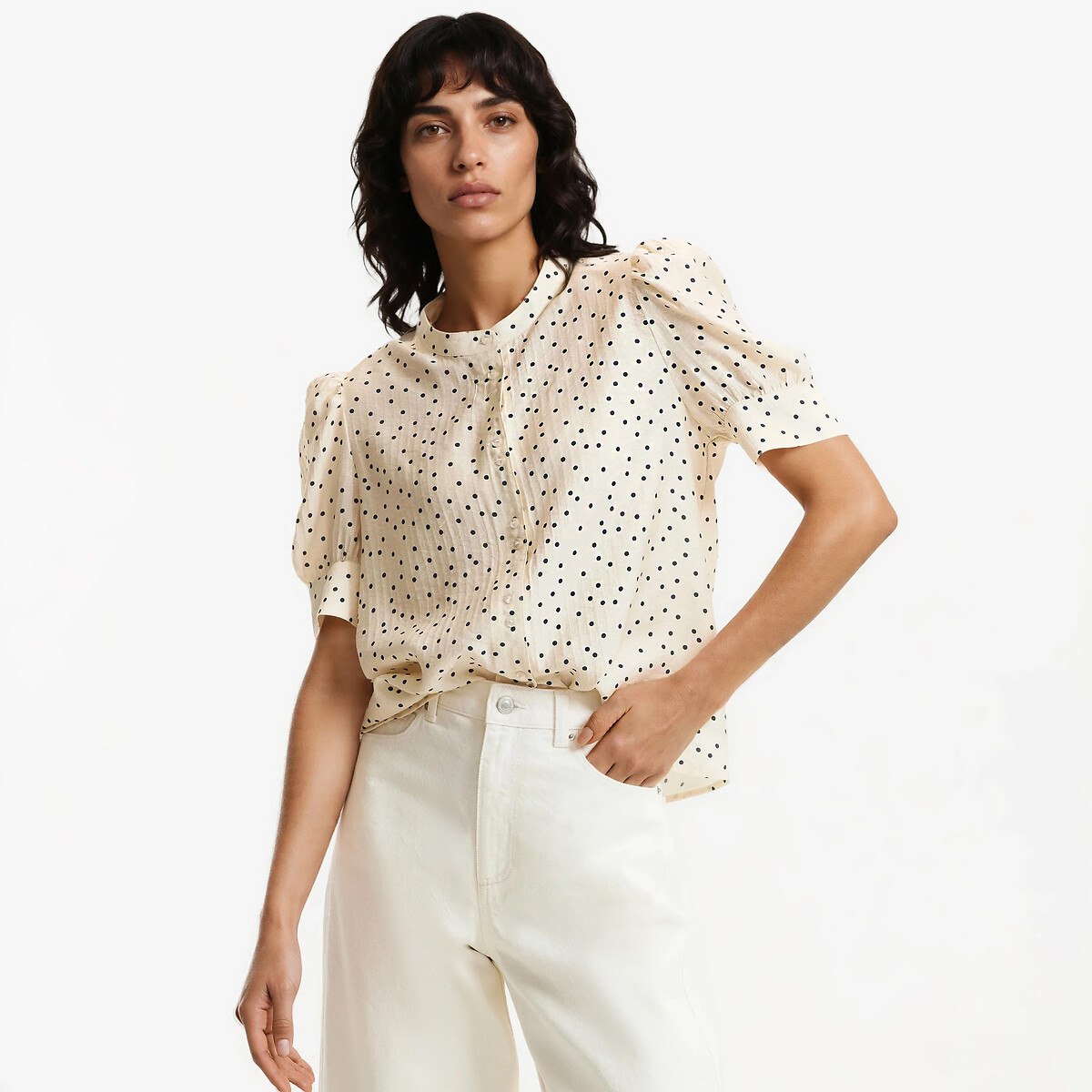 Blouse col rond manches courtes à pois imprimé pois fond écru, LA REDOUTE COLLECTIONS