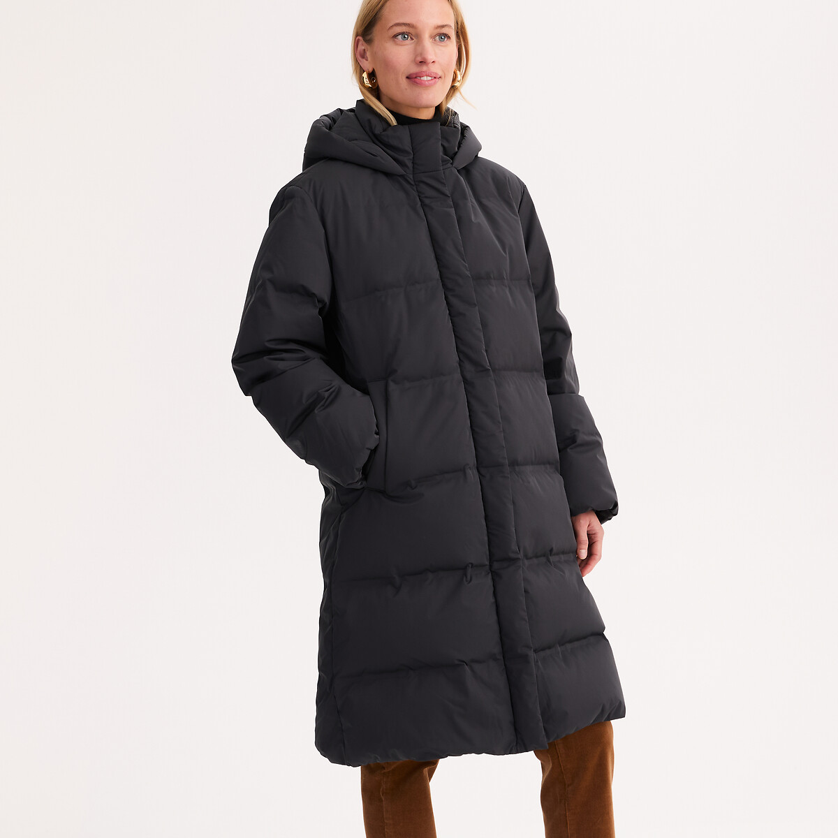 Doudoune longue matelassée, à capuche, rembourrage duvet et plumes, plein hiver noir, ANNE WEYBURN