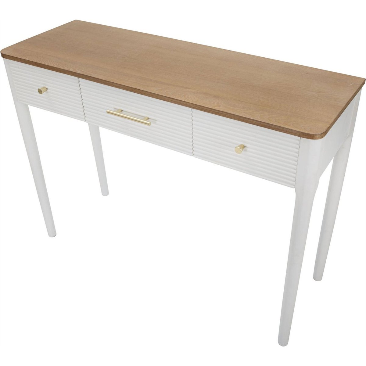 Console en frêne 3 tiroirs façades rainurées blanc et marron, RECOLLECTION