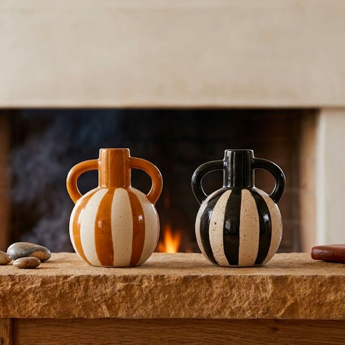 Set de 2 vases en céramique terracotta, beige et noir 15.5x12.5cm beige, WADIGA
