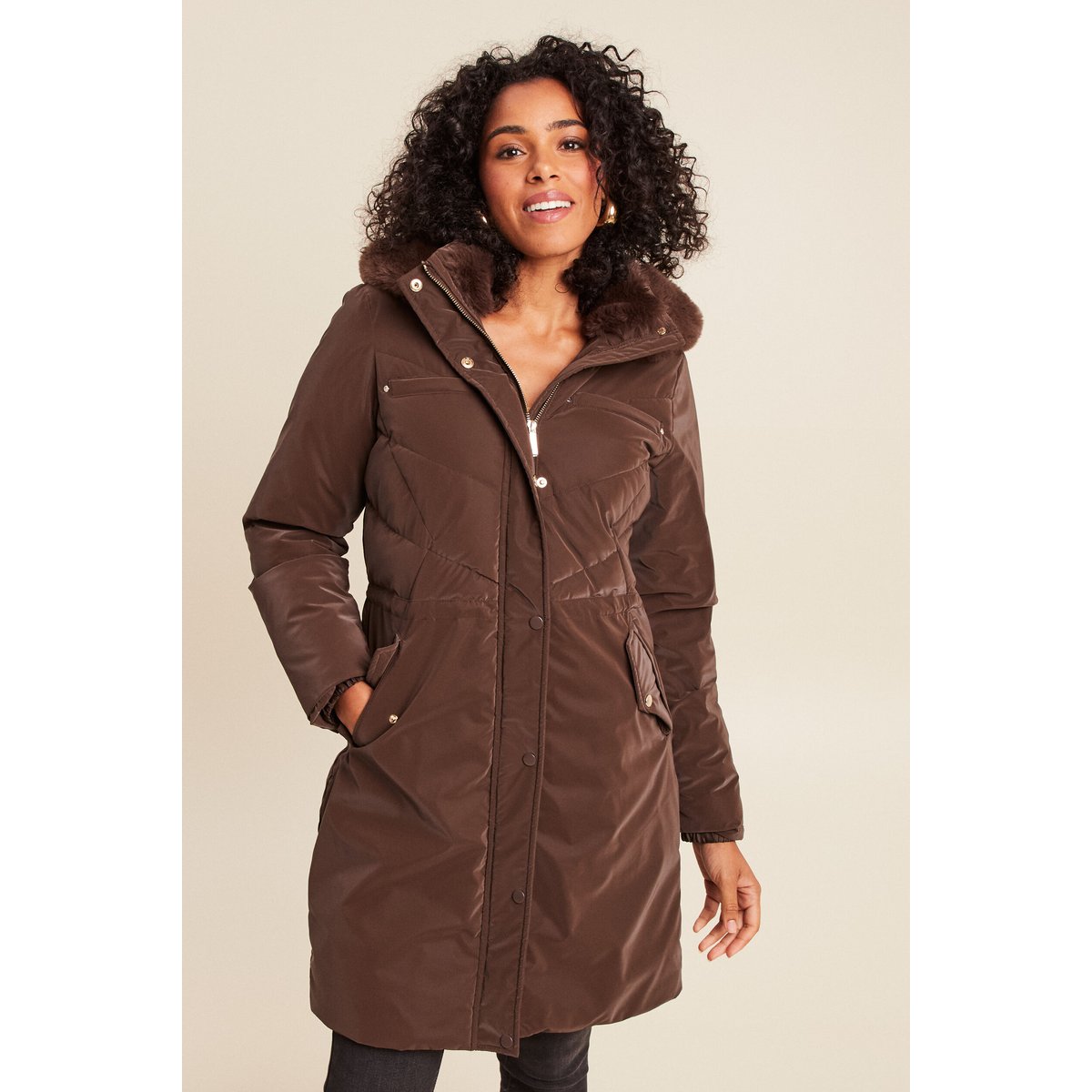 Doudoune cintrée à capuche doublée marron foncé, BREAL