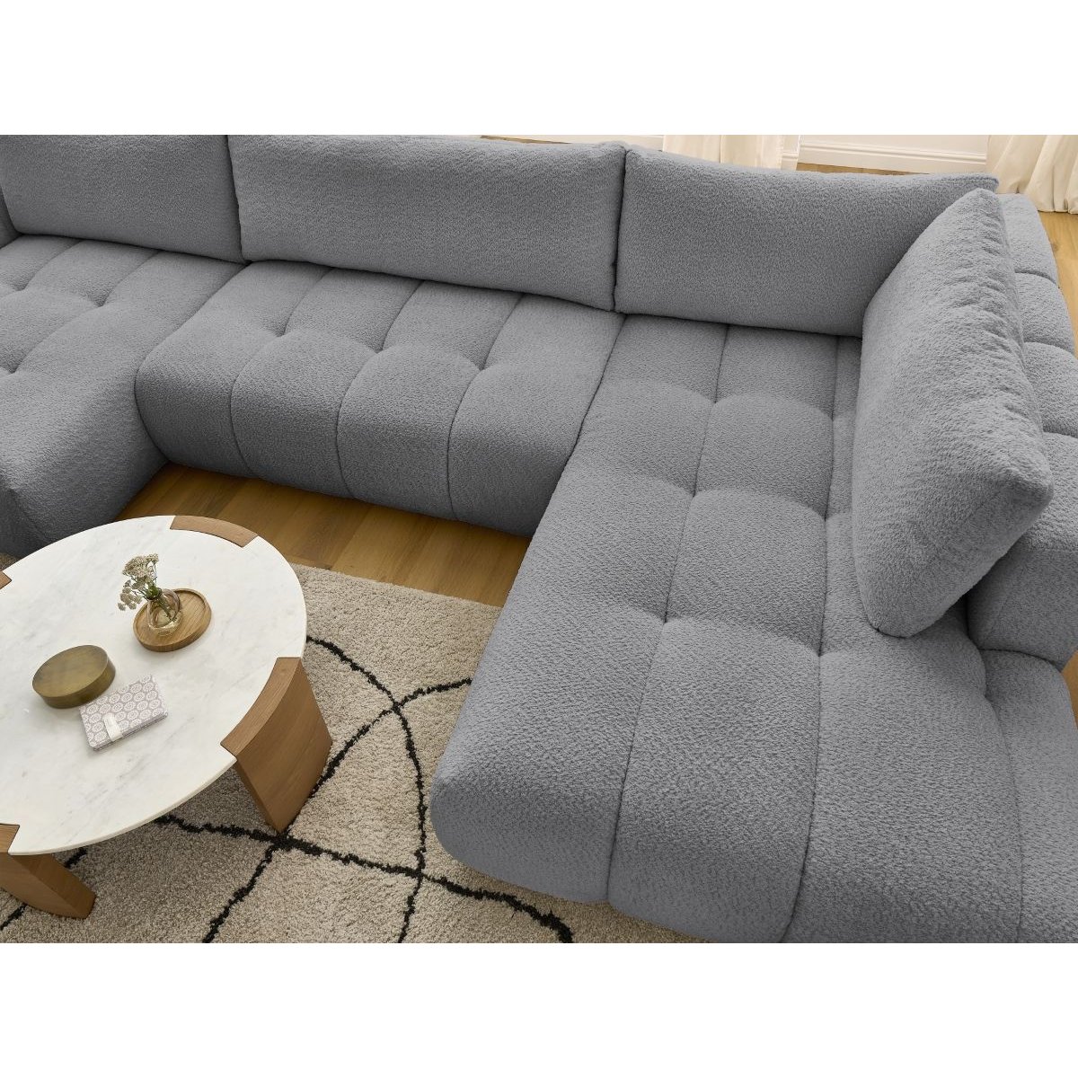 Canapé panoramique convertible 5 places en tissu bouclette, FUJI gris foncé, BOBOCHIC