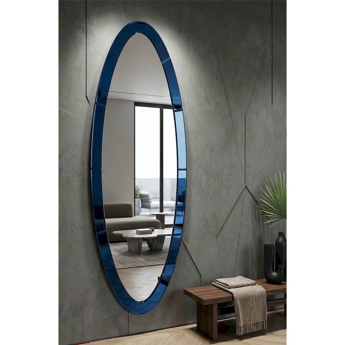 Miroir mural ovale cadre fin en verre GLAM bleu, RECOLLECTION