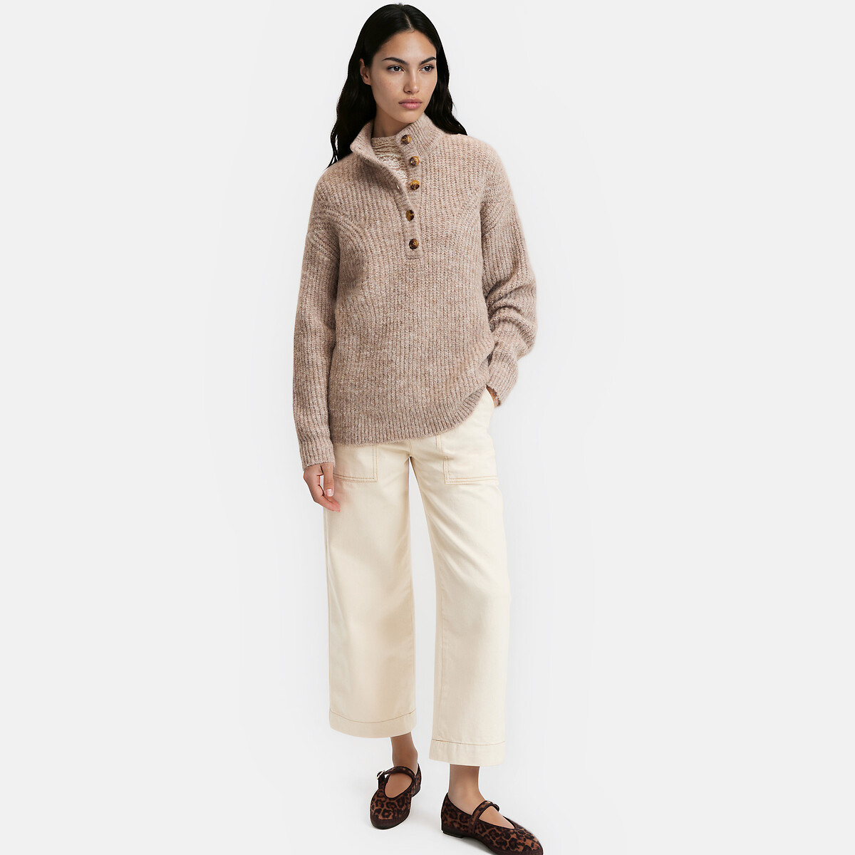 Pull à col montant boutonné beige, LA REDOUTE COLLECTIONS