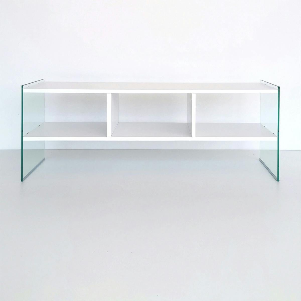 Meuble TV design 2 niveaux pieds verre SALTA blanc, PIER IMPORT