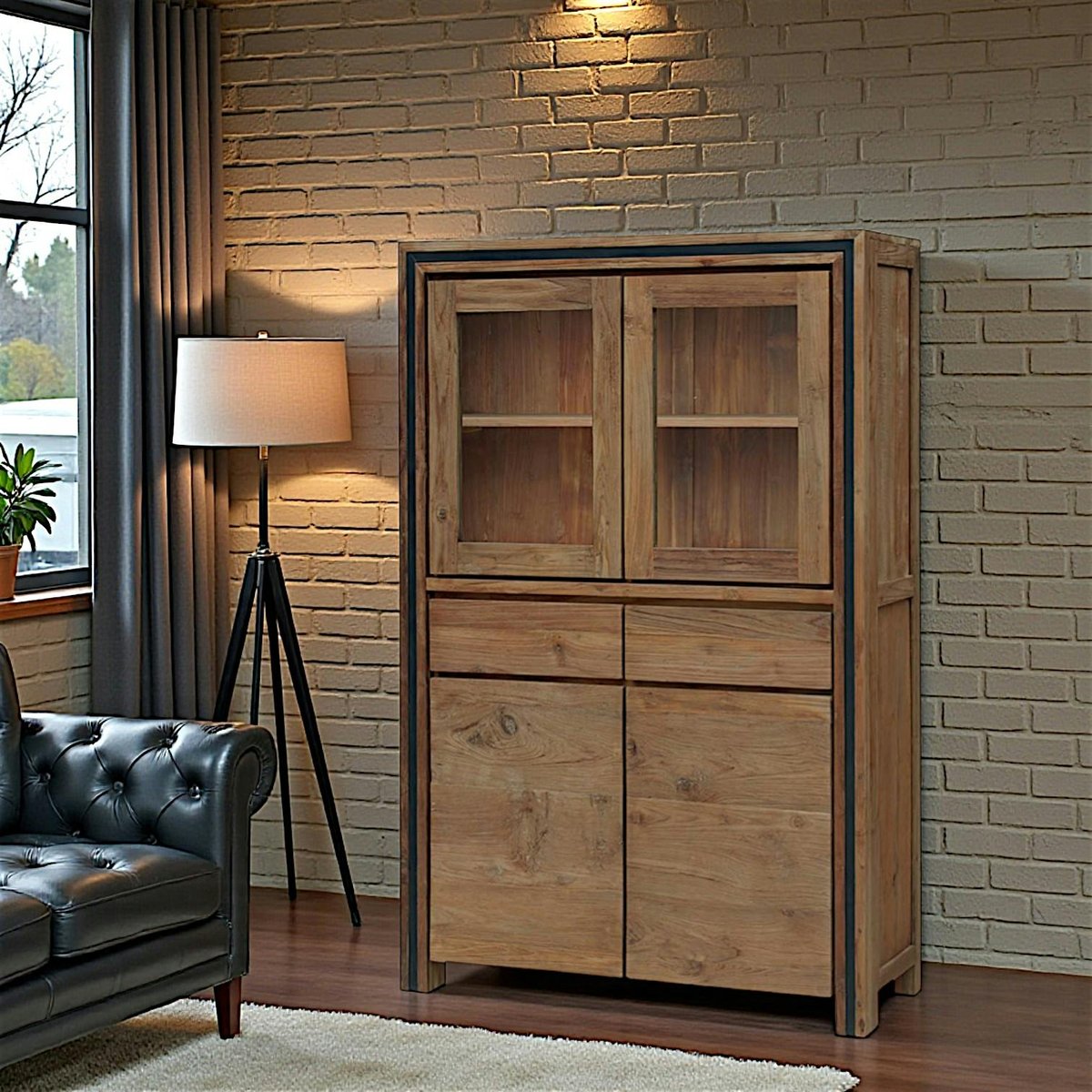 Buffet vitrine en bois recyclé de teck VADOD bois naturel, PIER IMPORT