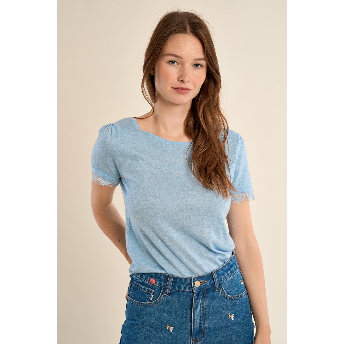T-shirt en jersey, manches en dentelle bleu, MOLLY BRACKEN
