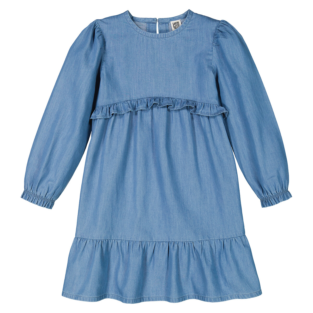 Lightweight Denim Ruffle Dress with Long Sleeves double stonewashed, LA REDOUTE COLLECTIONS