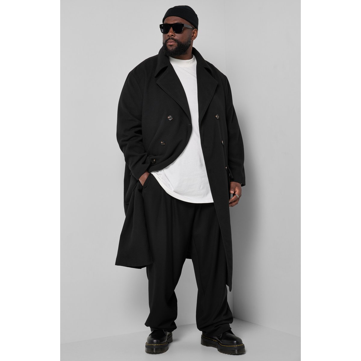 Manteau en laine mélangée, double boutonnage noir, STHUGE