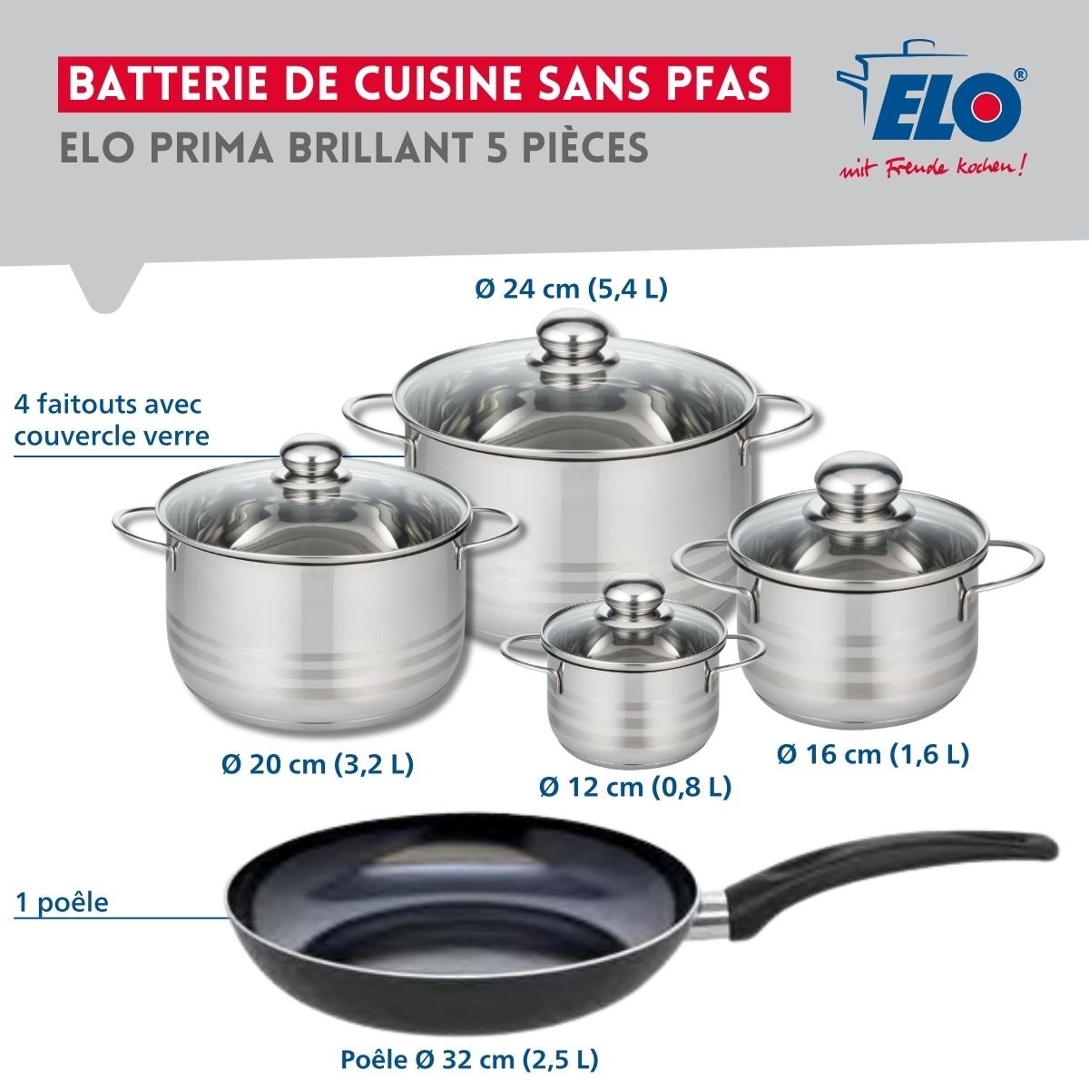Batterie 1 poêle 32cm + 4 faitouts 12/16/20/24cm PRIMA BRILLANT noir, ELO