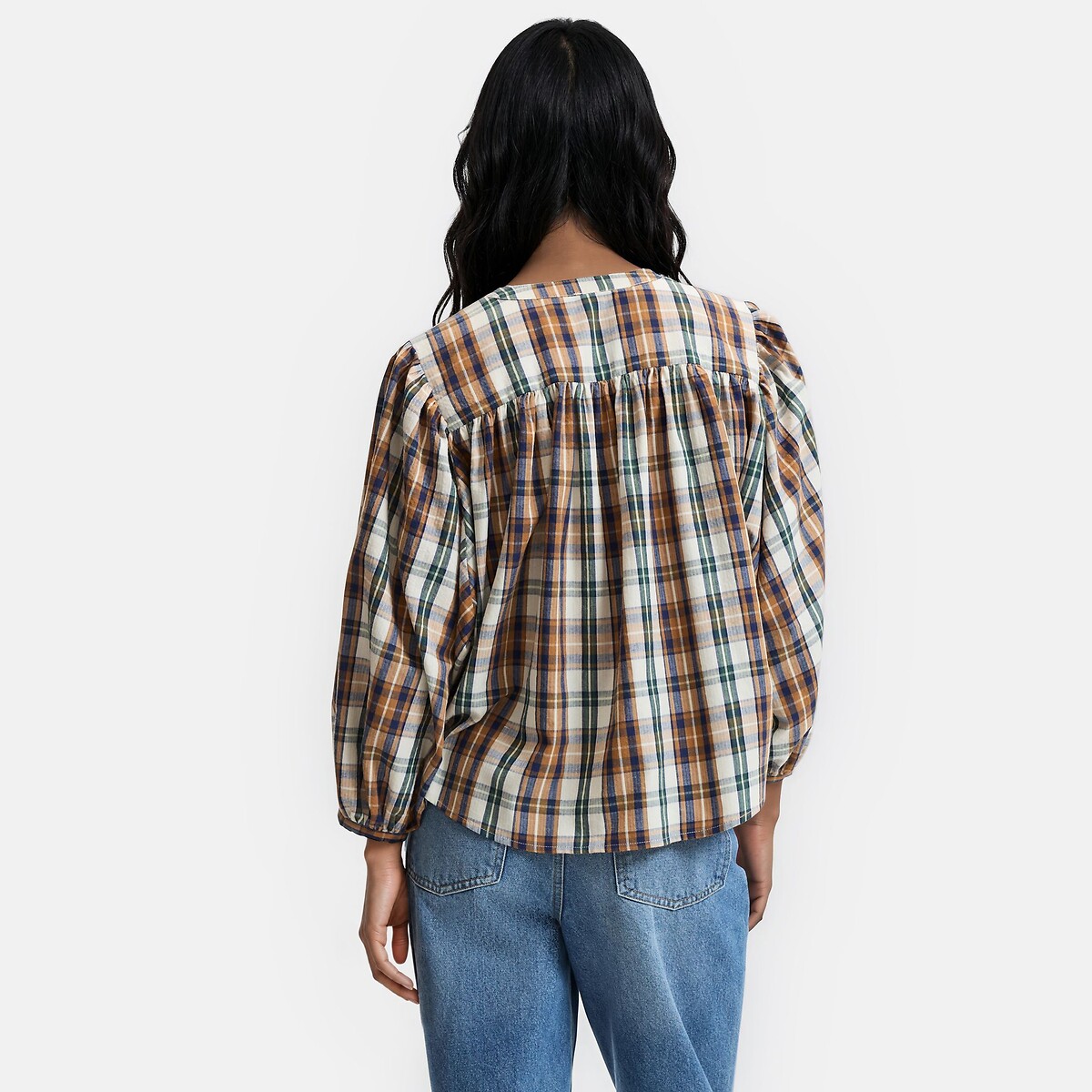 Blouse col mao oversize à carreaux, Signature BERTHE bleu marine/carreaux, LA REDOUTE COLLECTIONS