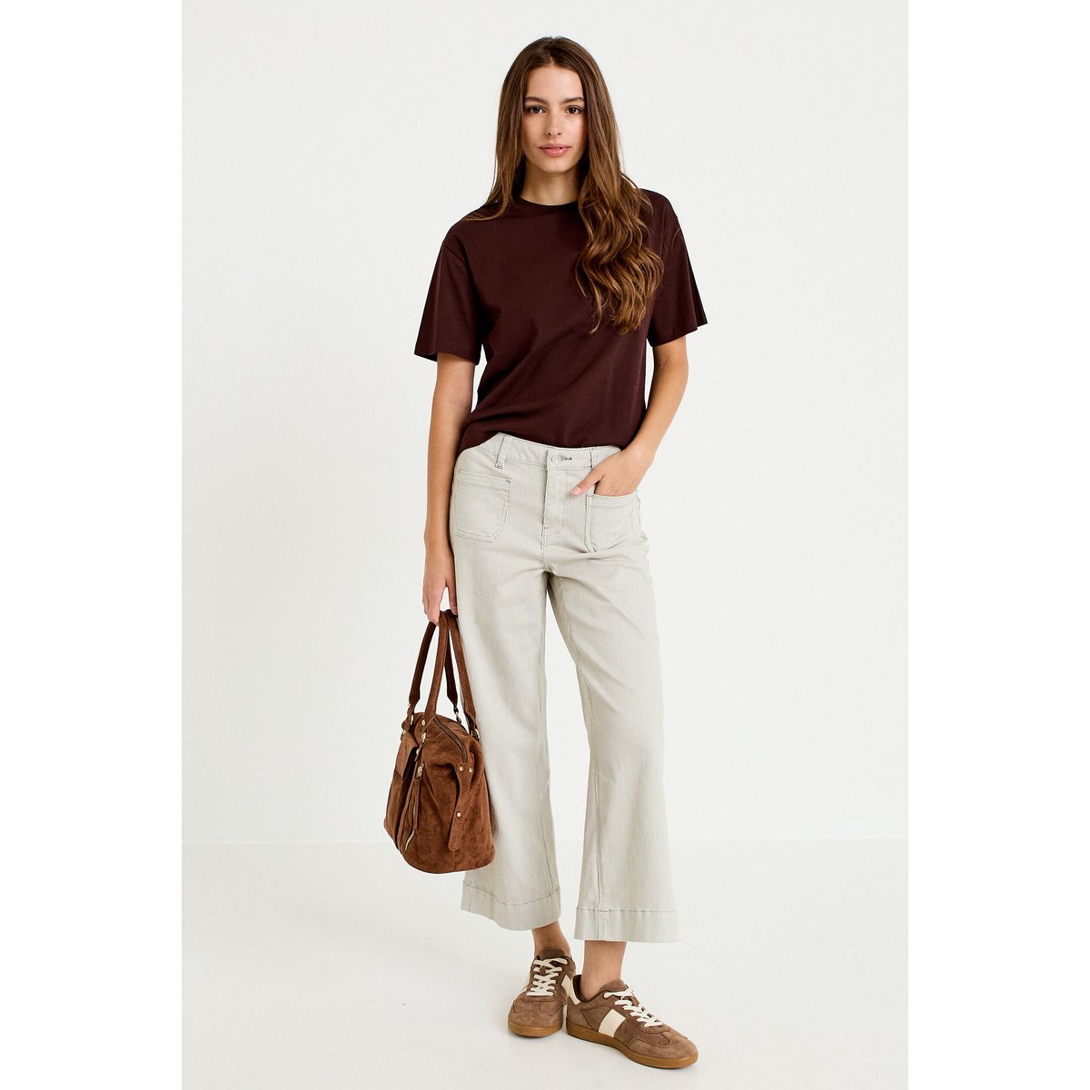 Pantalon large cropped taille haute vert kaki, CACHE CACHE