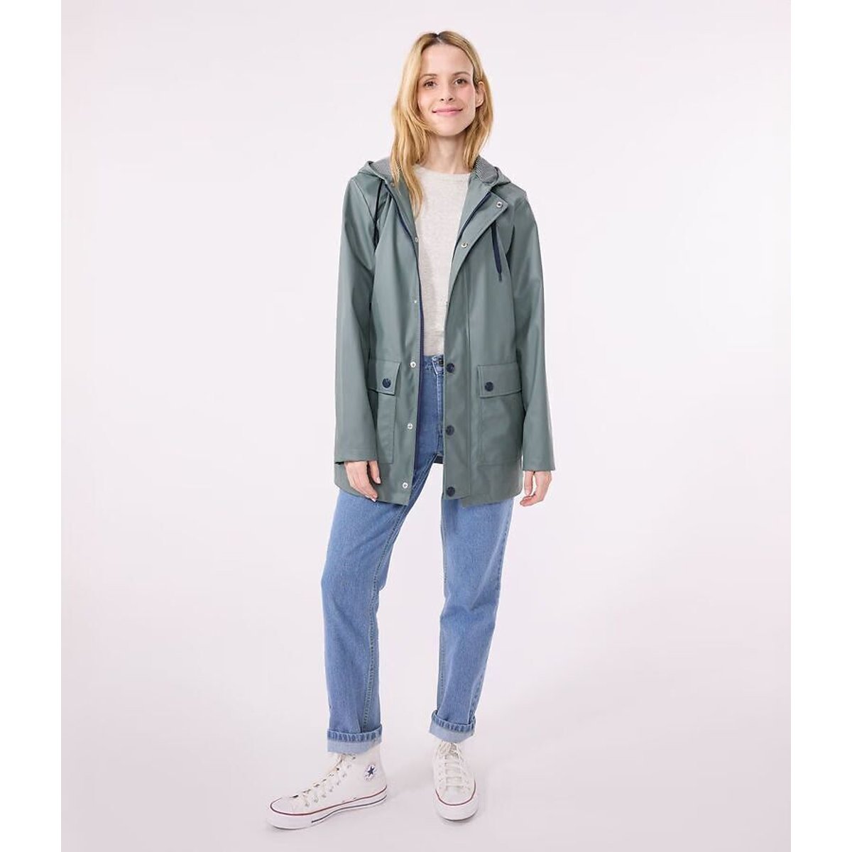 Ciré zippé mi-long à capuche vert sauge, PETIT BATEAU
