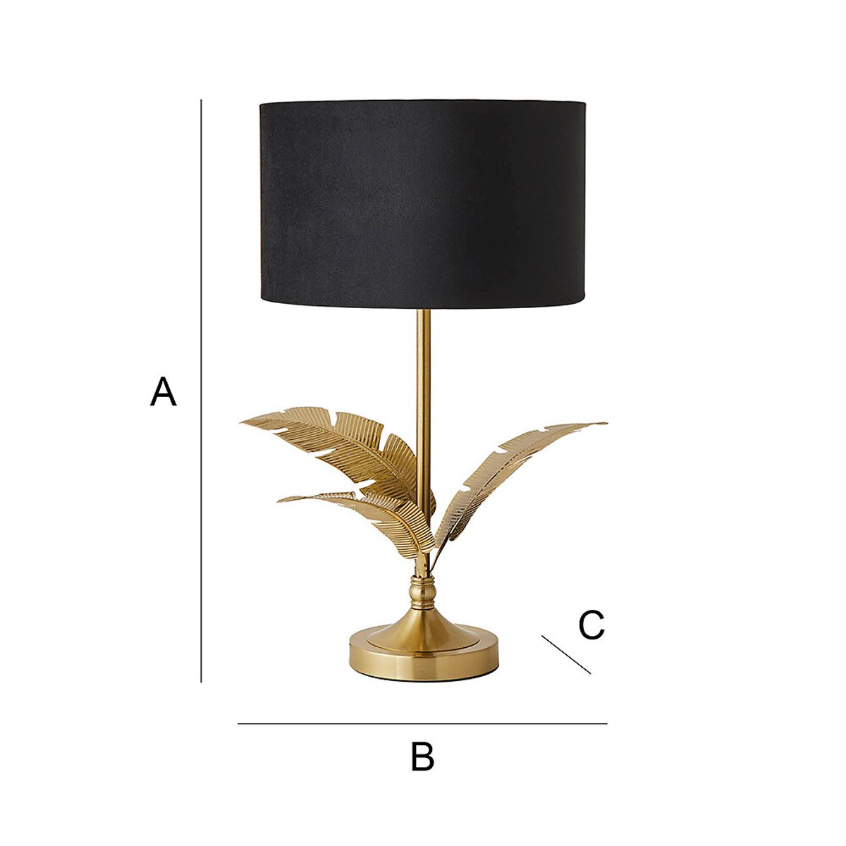 Chrissy Gold Palm Leaf Table Lamp with Velvet Drum Shade black, SO'HOME