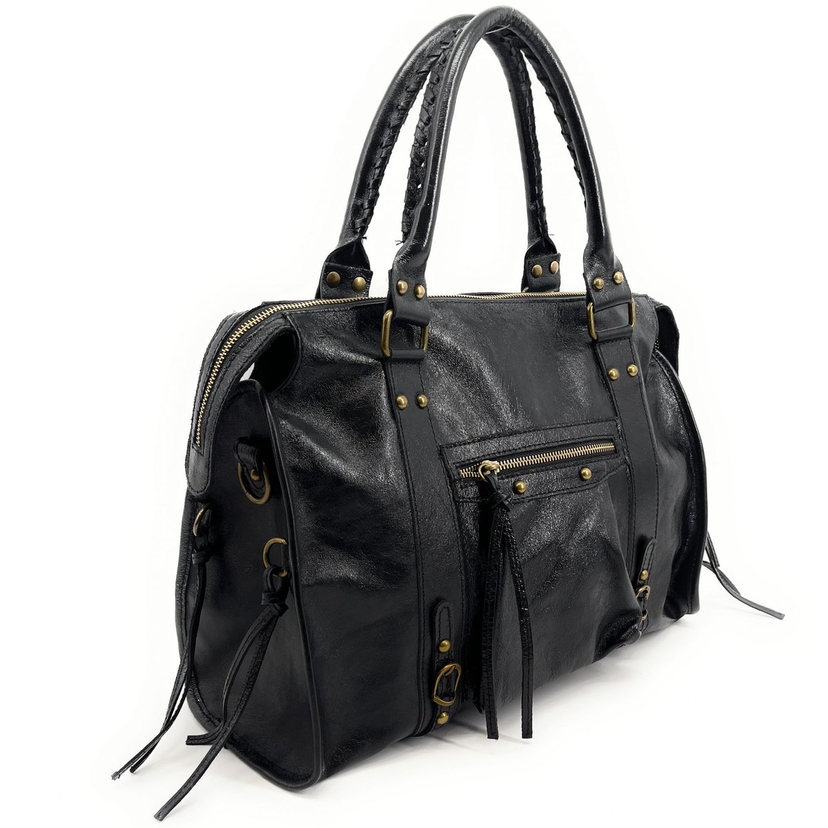 Sac à main noir en cuir brillant italien SANDSTORM GLOSSY noir brillant, OH MY BAG