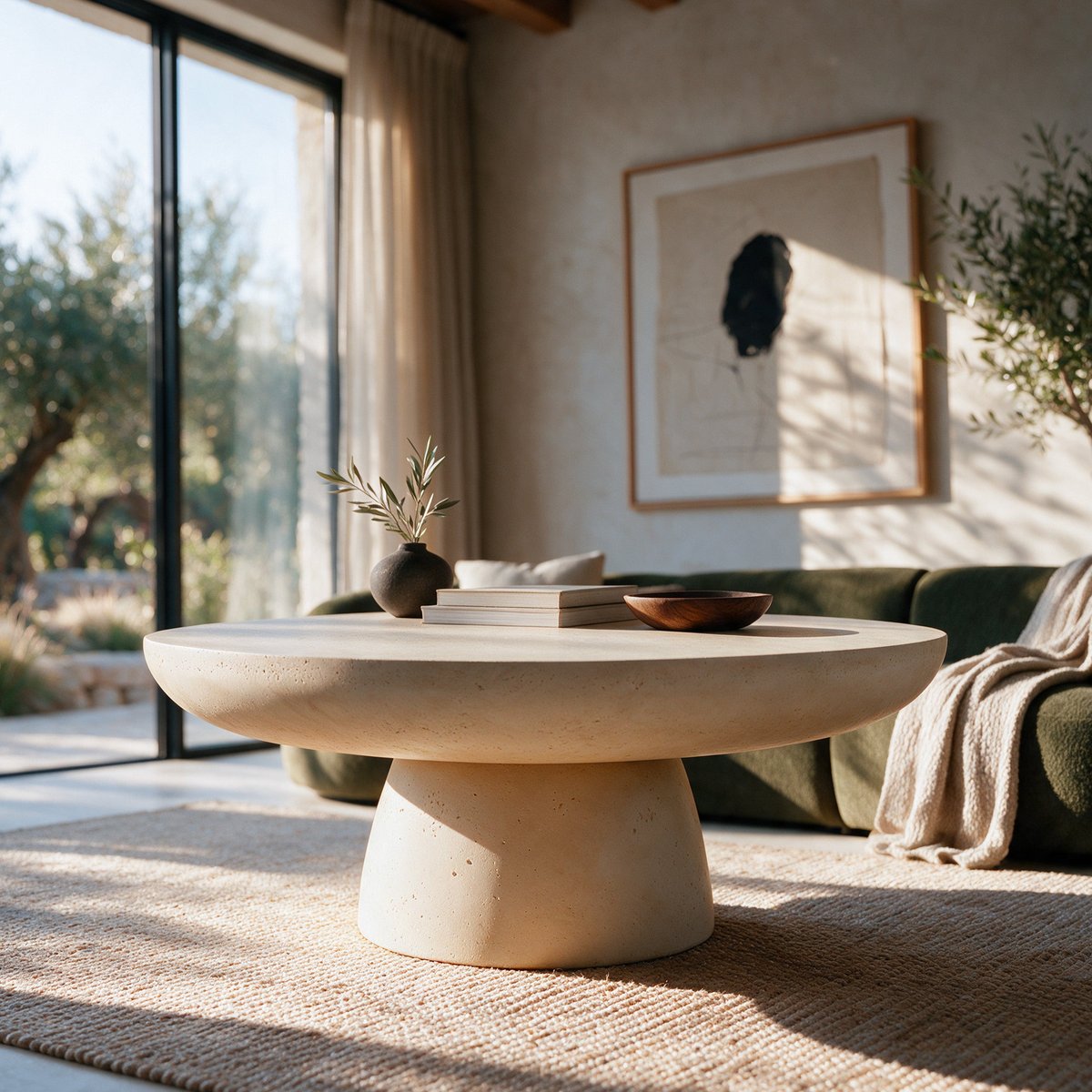 Table basse ronde en fibre d'argile effet béton D90 cm - PAROS beige, MAISON PAVANE