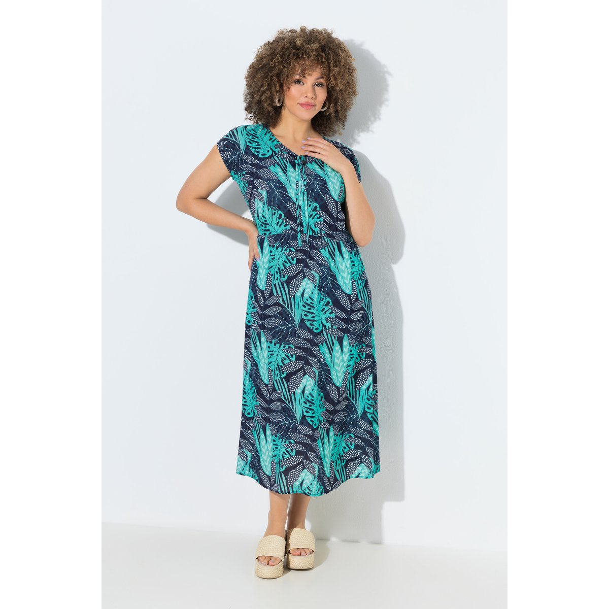 Robe midi motif à feuilles marine, ULLA POPKEN