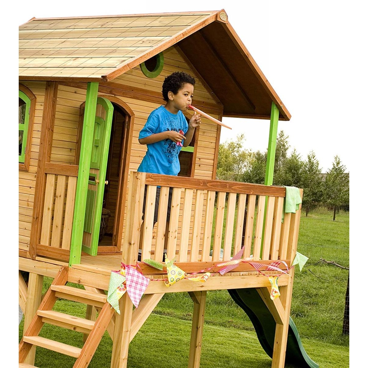 AXI Cabane enfant SOPHIE Brun Vert et toboggan Vert couleur unique, AXI HOUSE