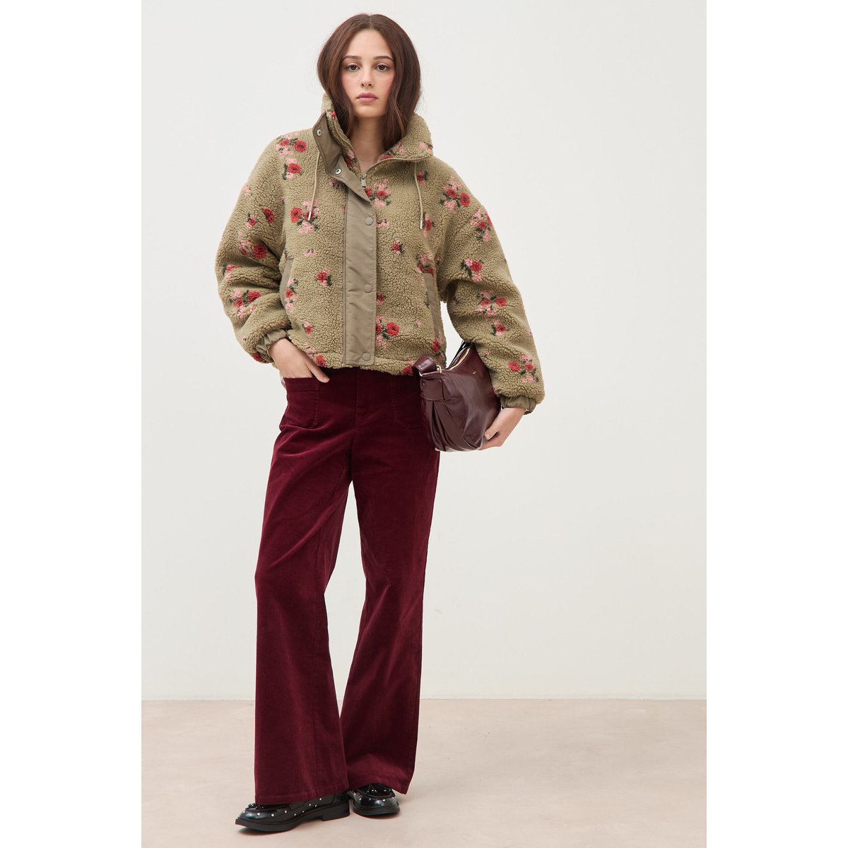 Blouson oversize sherpa col montant vert, BONOBO