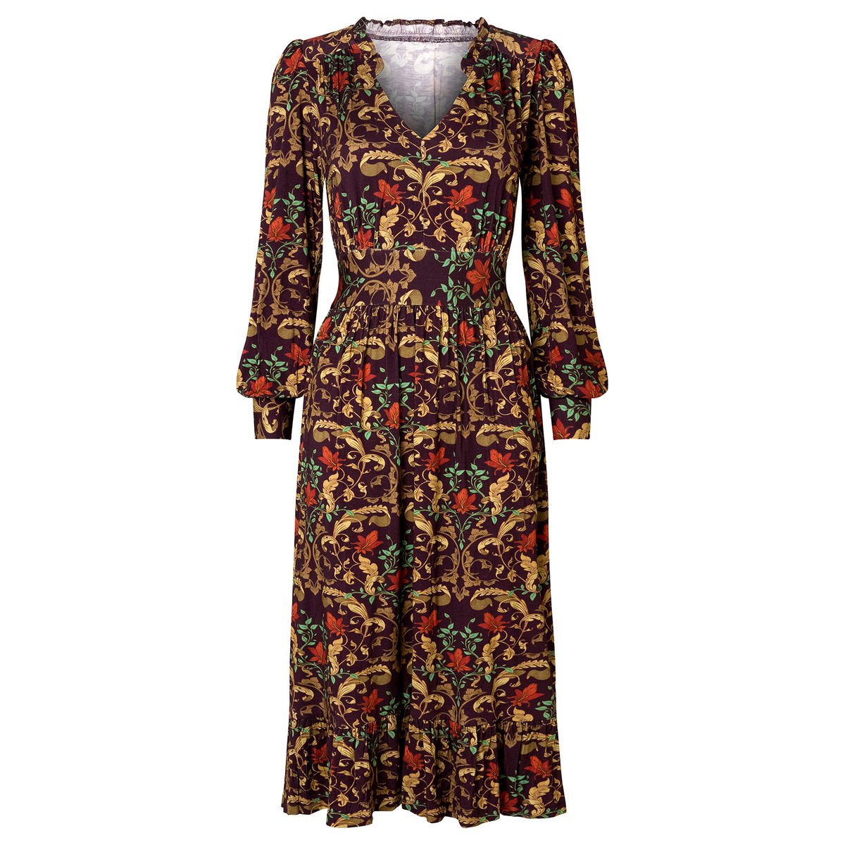 Élégante Robe Mi-Longue en Jersey à Manches Longues Motif Feuilles marron, JOE BROWNS