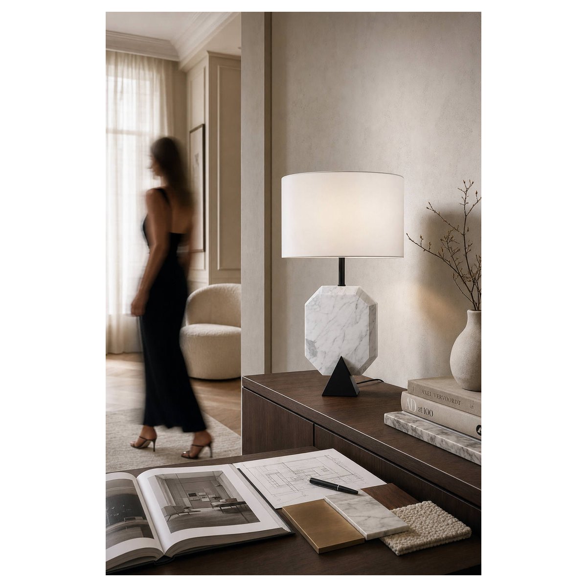 Lampe à poser en marbre et métal blanc et noir mat, RECOLLECTION