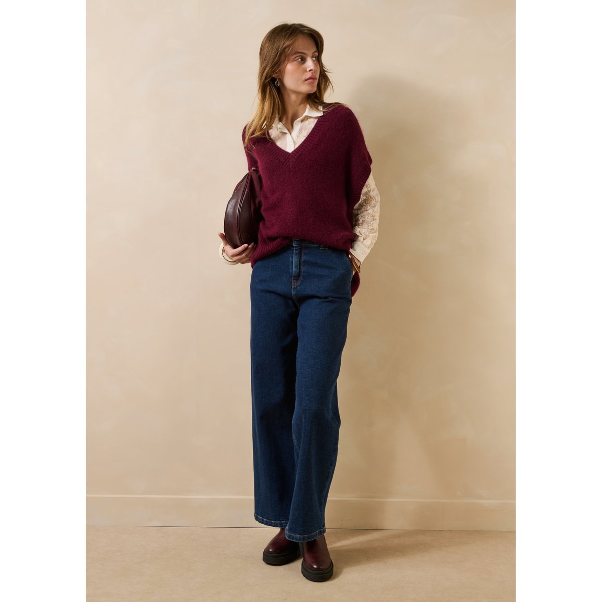 Pull manches courtes ample à col V aubergine, LA FEE MARABOUTEE