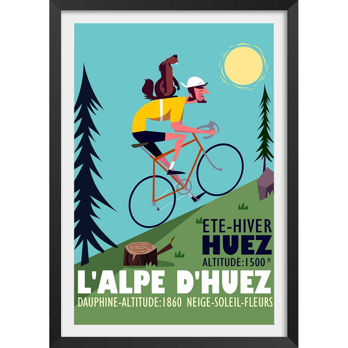 Poster de la montée de l'alpe d'huez affiche + cadre en bois - noir, HEXOA