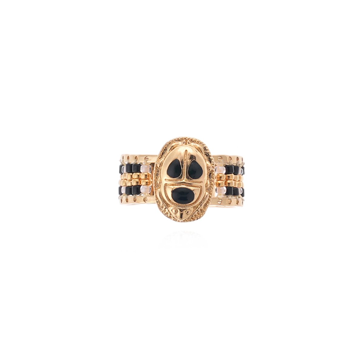 Bague réglable avec perles tissées et cabochon central NYLE noir, HIPANEMA