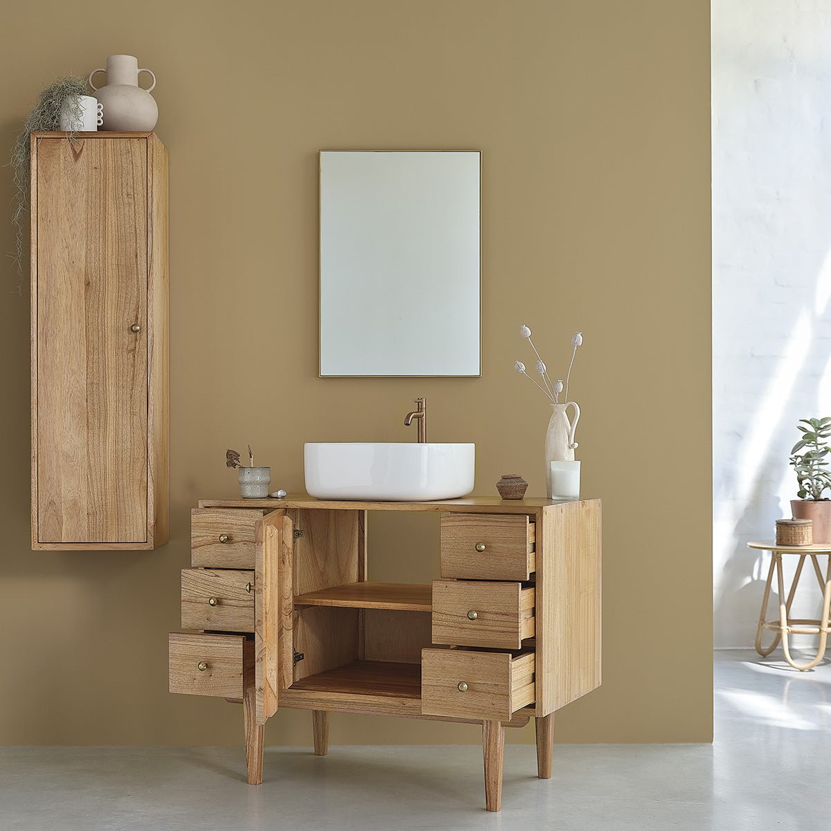 Meuble sous vasque en bois massif 100 cm FIFTIES naturel, BERAH GETAH